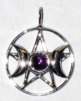 11/16" Triple Goddess Pentagram Amethyst sterling - Click Image to Close