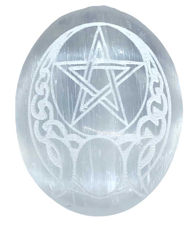 Selenite Celtic Pentagram palm stone - Click Image to Close