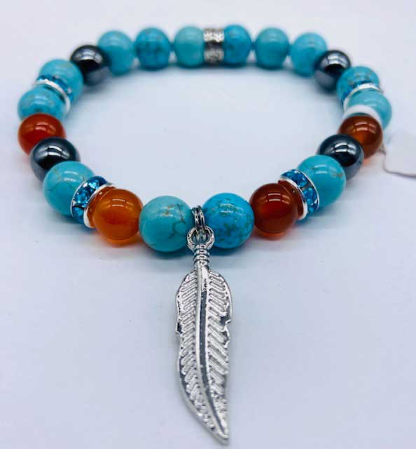 8mm Turquoise, Red Agate, Hematite with Feather - Click Image to Close