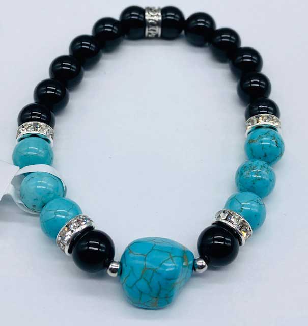 8mm Black Onyx, Turquoise, Turquoise Nugget bracelet - Click Image to Close