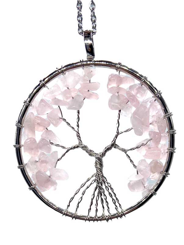 2" round Tree of Life Rose Quartz necklace - Click Image to Close