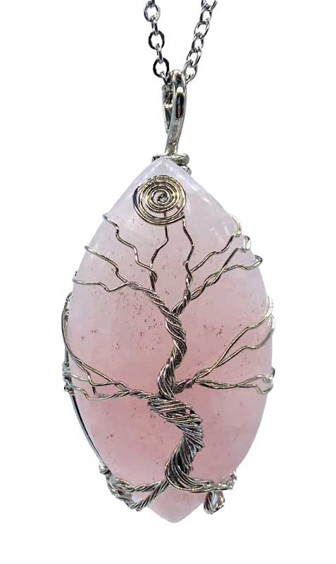 2" oval Tree of Life Rose Quartz necklace - Click Image to Close